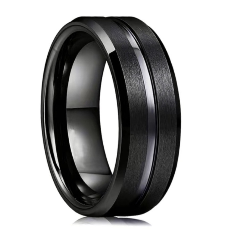 Black Stainless Steel Ring Brushed Matte Band Polished Groove - Men’s Ring